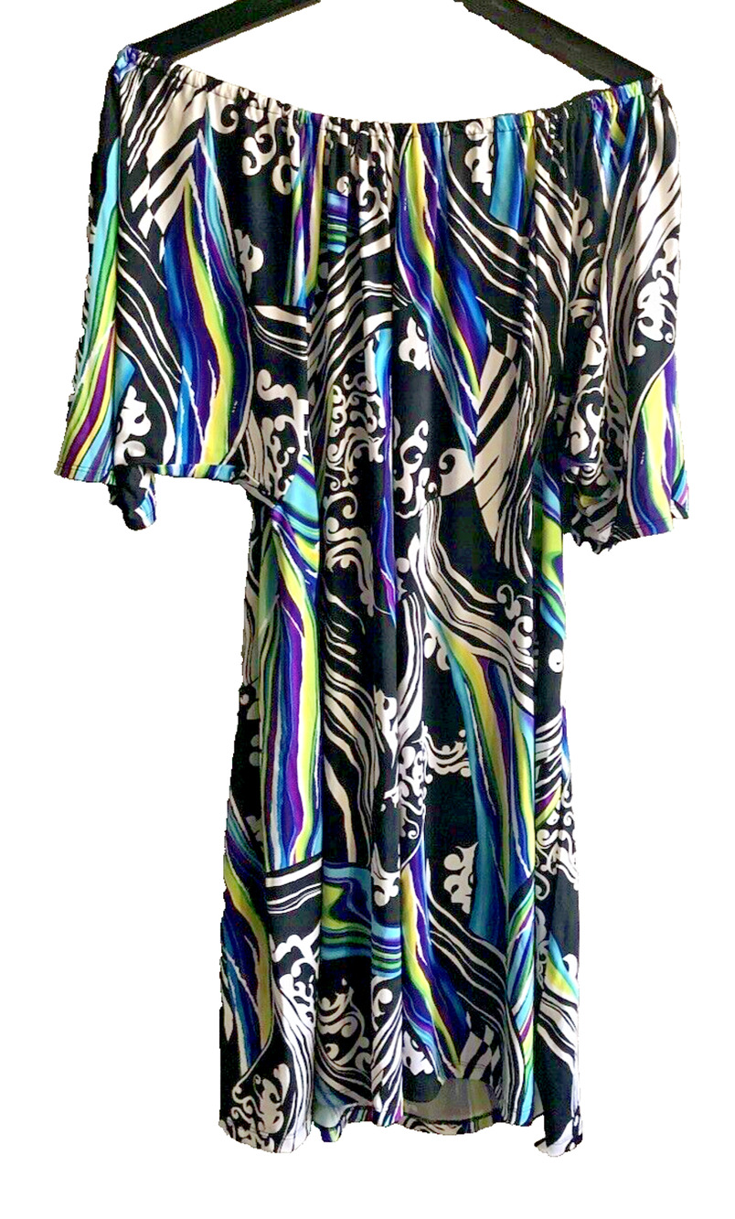 AB Studio Multicolor Off Shoulder Geo Print Slit Sleeve Swing Dress XL